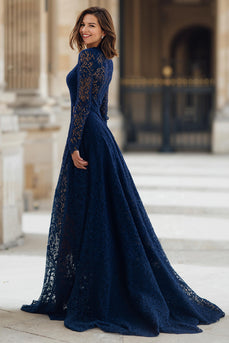 Navy Lace A-Line High Neck Long Sleeves Mother of the Bride Dress