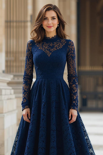 Navy Lace A-Line High Neck Long Sleeves Mother of the Bride Dress