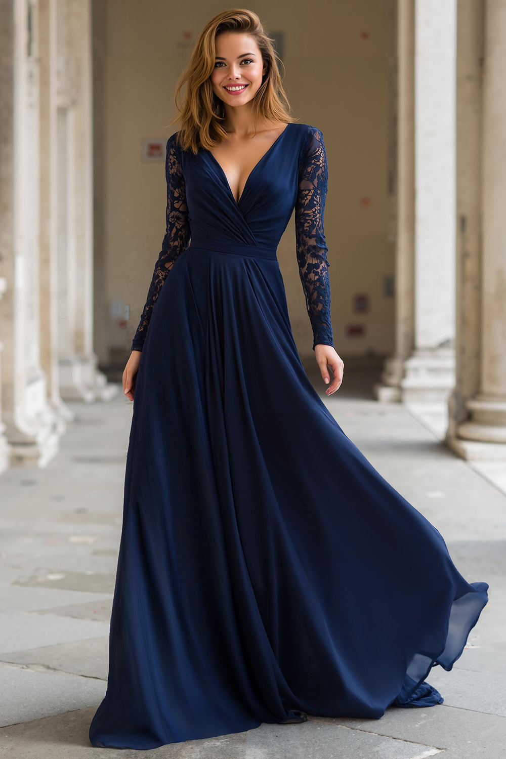 Navy Chiffon V-Neck A-Line Long Sleeves Mother of the Bride Dress with Lace
