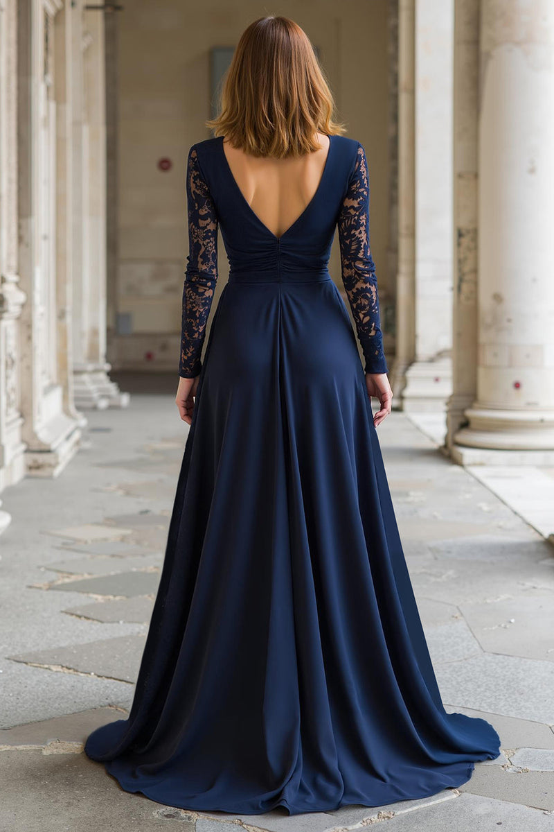 Load image into Gallery viewer, Navy Chiffon V-Neck A-Line Long Sleeves Mother of the Bride Dress with Lace