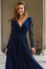 Load image into Gallery viewer, Navy Chiffon V-Neck A-Line Long Sleeves Mother of the Bride Dress with Lace
