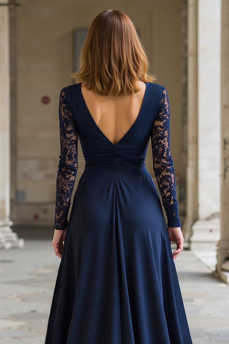 Load image into Gallery viewer, Navy Chiffon V-Neck A-Line Long Sleeves Mother of the Bride Dress with Lace