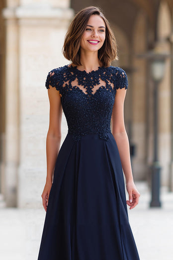Navy Round Neck Chiffon A-Line Appliqued Long Mother of the Bride Dress