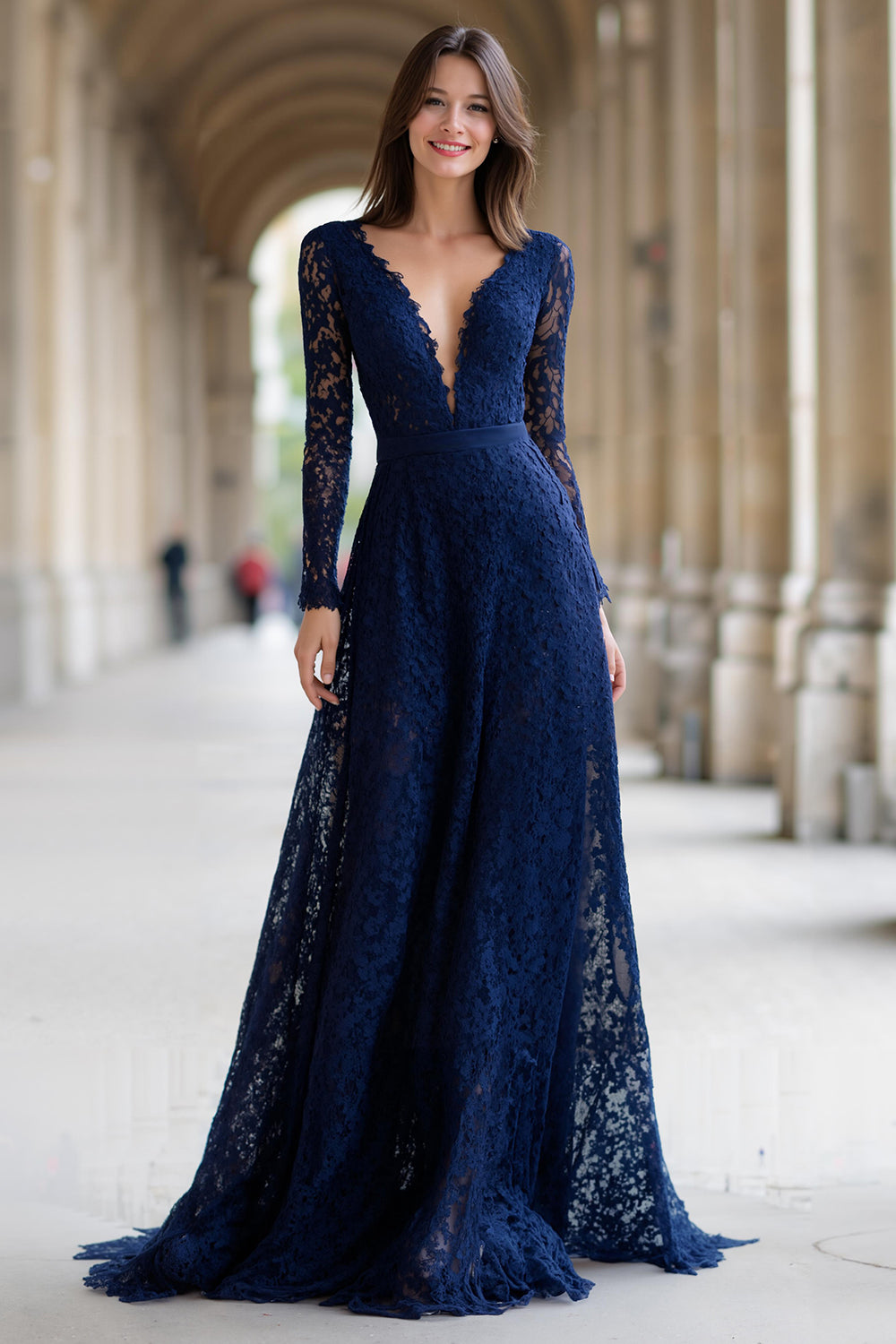 Navy Lace V-Neck A-Line Long Sleeves Mother of the Bride Dress