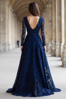 Load image into Gallery viewer, Navy Lace V-Neck A-Line Long Sleeves Mother of the Bride Dress