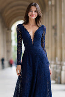 Load image into Gallery viewer, Navy Lace V-Neck A-Line Long Sleeves Mother of the Bride Dress