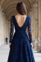 Load image into Gallery viewer, Navy Lace V-Neck A-Line Long Sleeves Mother of the Bride Dress