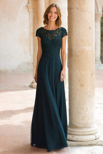 Peacock Green Chiffon Round Neck A-Line Long Mother of the Bride Dress with Sleeves