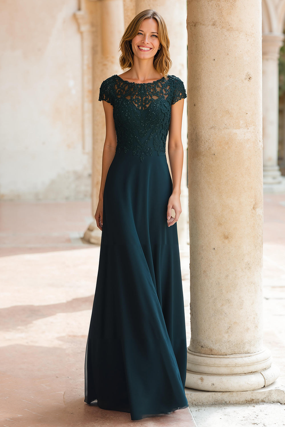 Peacock Green Chiffon Round Neck A-Line Long Mother of the Bride Dress with Sleeves