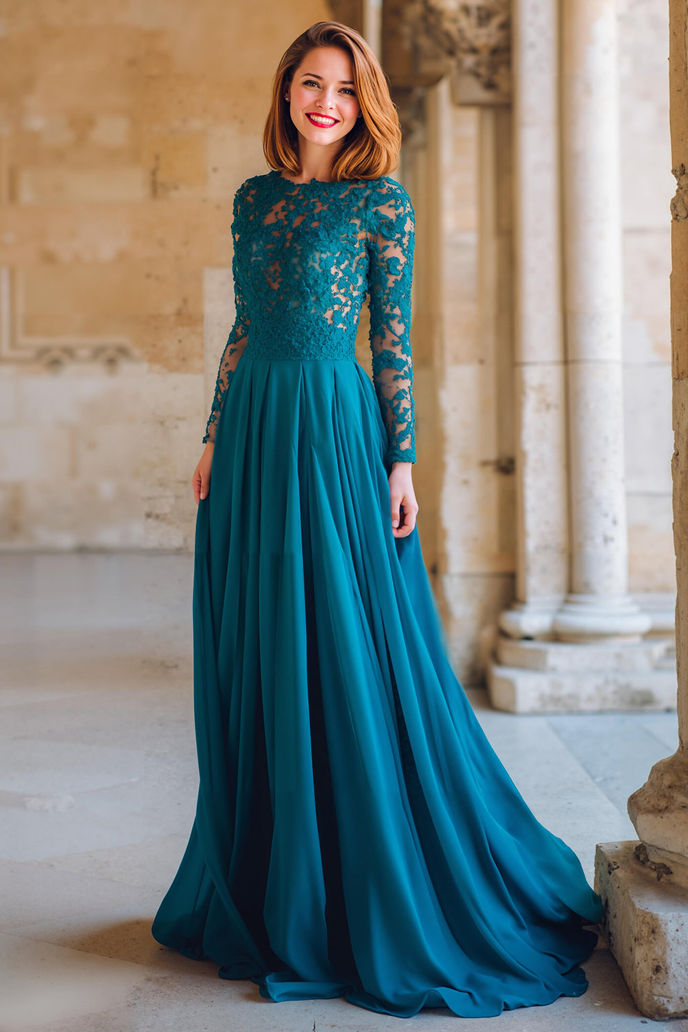 Peacock Blue Chiffon A-Line Round Neck Long Sleeves Mother of the Bride Dress with Lace