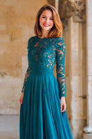 Load image into Gallery viewer, Peacock Blue Chiffon A-Line Round Neck Long Sleeves Mother of the Bride Dress with Lace