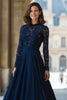 Load image into Gallery viewer, Navy Chiffon High Neck A-Line Long Sleeves Mother of the Bride Dress with Lace