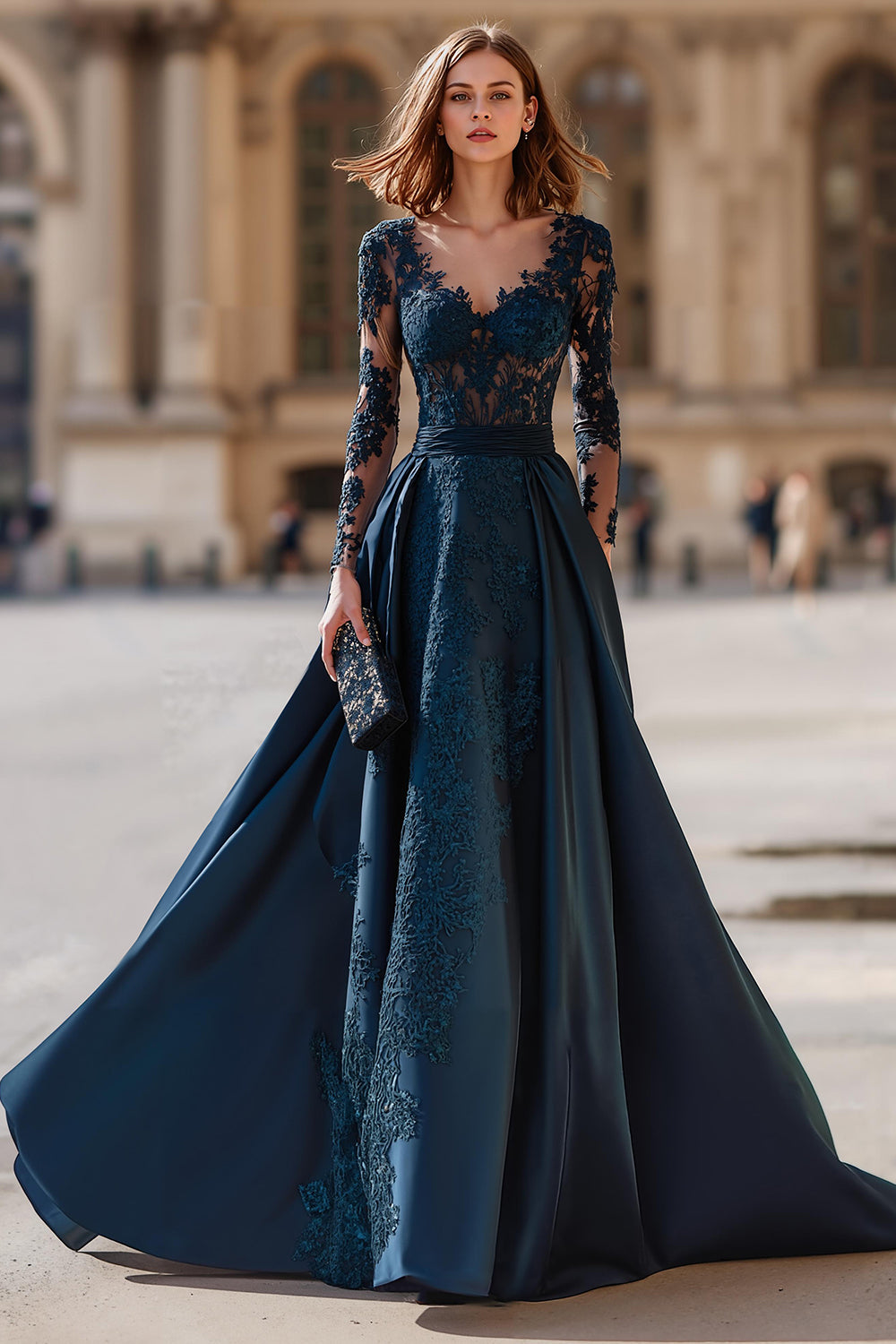 Navy Satin A-Line V-Neck Long Sleeves Mother of the Bride Dress with Lace