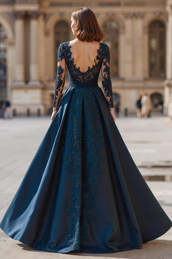 Navy Satin A-Line V-Neck Long Sleeves Mother of the Bride Dress with Lace