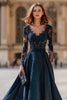 Load image into Gallery viewer, Navy Satin A-Line V-Neck Long Sleeves Mother of the Bride Dress with Lace