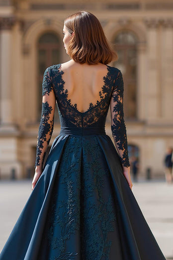 Navy Satin A-Line V-Neck Long Sleeves Mother of the Bride Dress with Lace