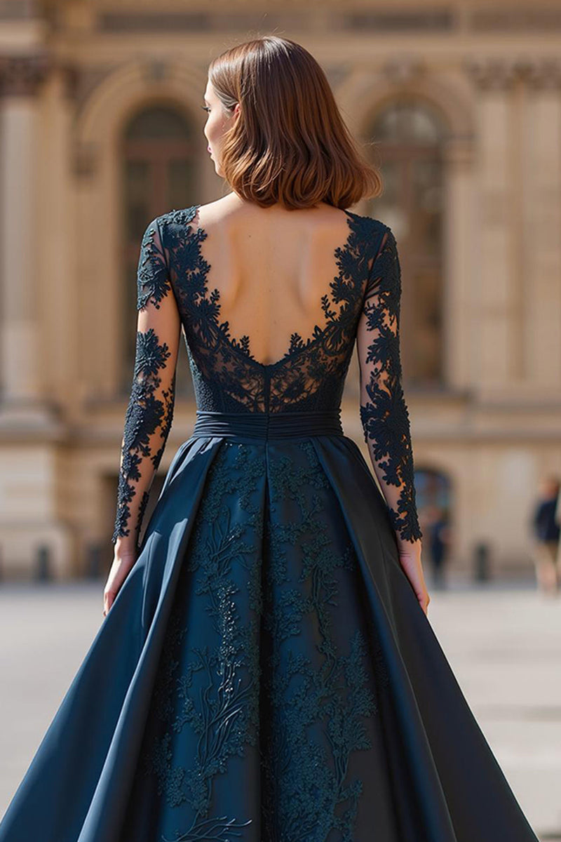 Load image into Gallery viewer, Navy Satin A-Line V-Neck Long Sleeves Mother of the Bride Dress with Lace