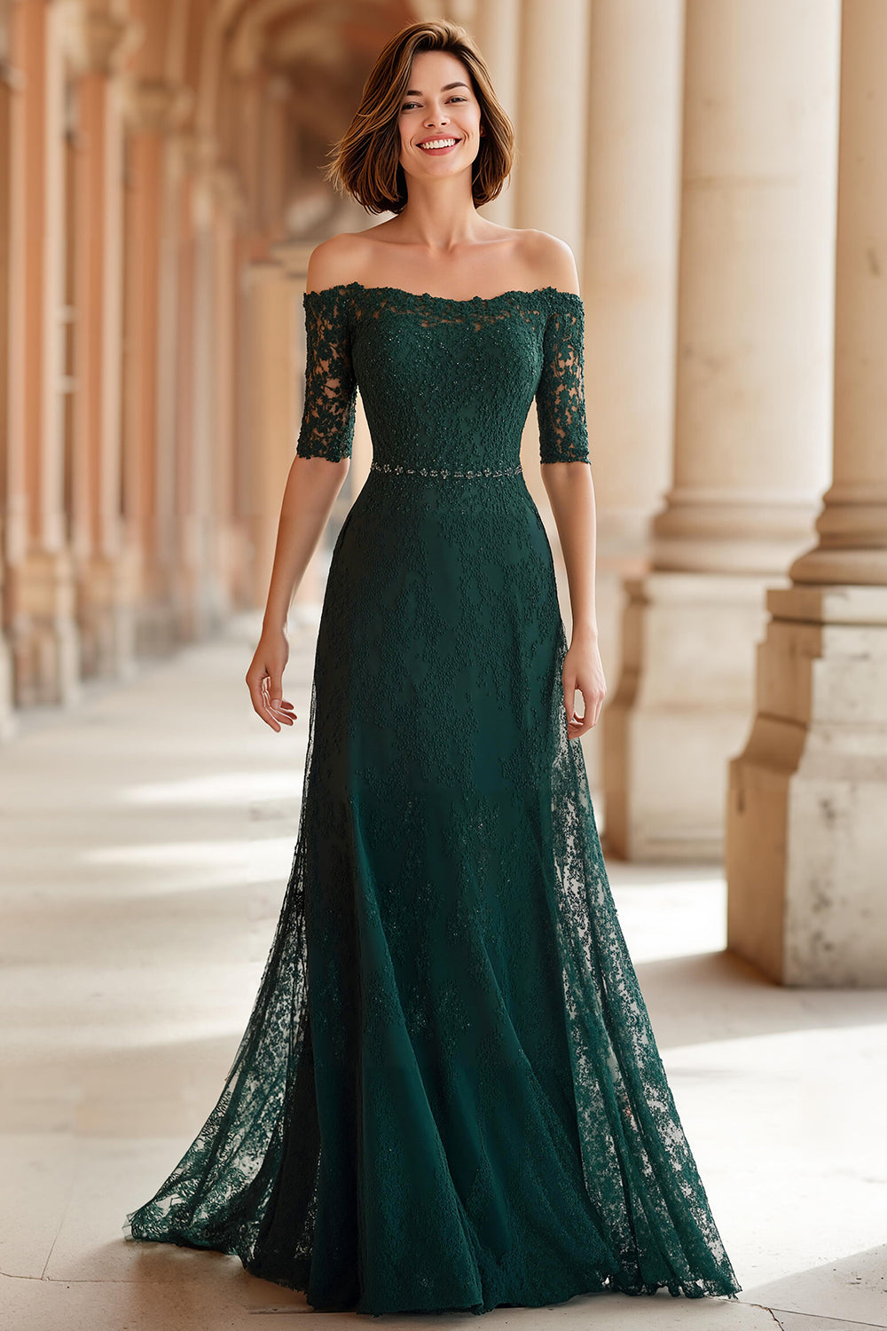Dark Green A-Line Lace Off the Shoulder Long Mother of the Bride Dress with Sleeves