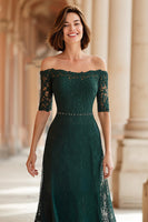 Load image into Gallery viewer, Dark Green A-Line Lace Off the Shoulder Long Mother of the Bride Dress with Sleeves