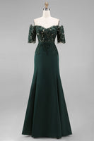 Load image into Gallery viewer, Dark Green Sheath Chiffon Off the Shoulder Long Mother of the Bride Dress with Lace