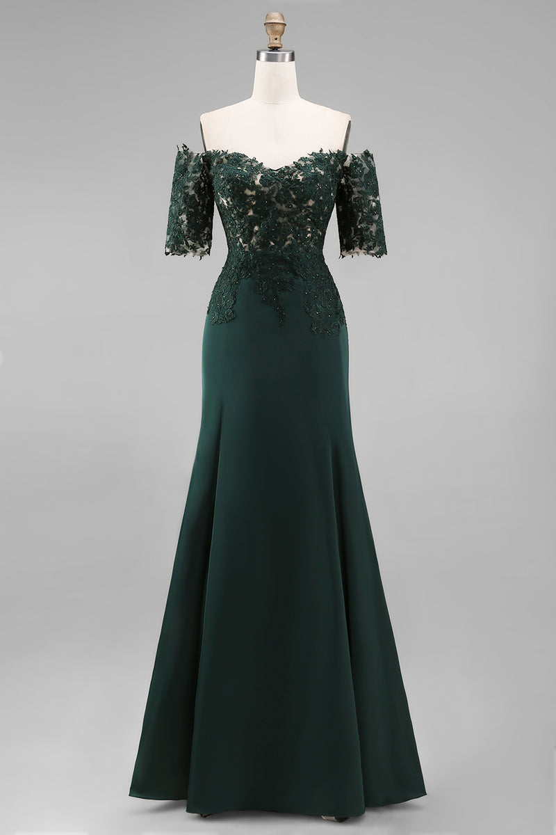 Load image into Gallery viewer, Dark Green Sheath Chiffon Off the Shoulder Long Mother of the Bride Dress with Lace