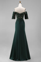 Load image into Gallery viewer, Dark Green Sheath Chiffon Off the Shoulder Long Mother of the Bride Dress with Lace