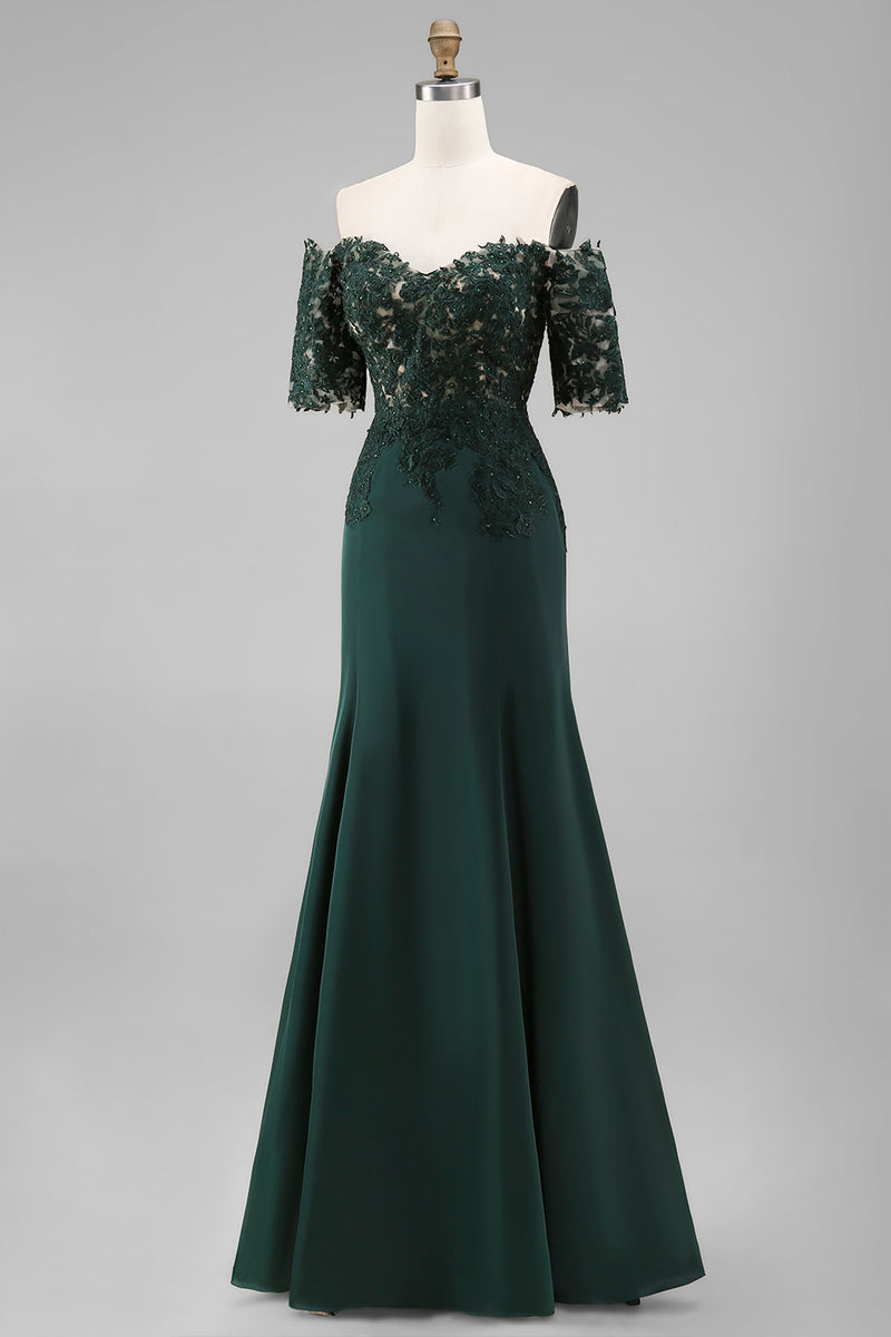 Load image into Gallery viewer, Dark Green Sheath Chiffon Off the Shoulder Long Mother of the Bride Dress with Lace