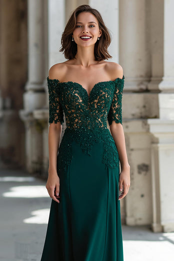 Dark Green Sheath Chiffon Off the Shoulder Long Mother of the Bride Dress with Lace