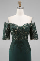 Load image into Gallery viewer, Dark Green Sheath Chiffon Off the Shoulder Long Mother of the Bride Dress with Lace