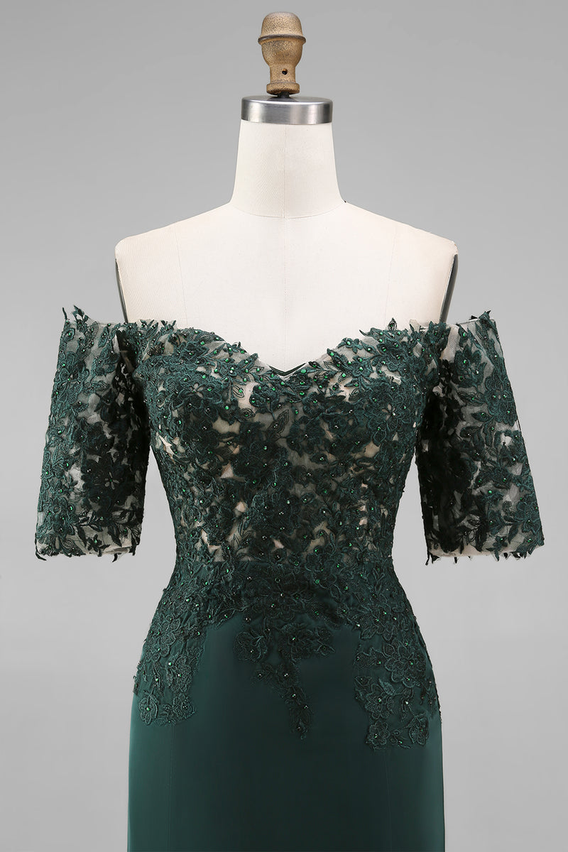 Load image into Gallery viewer, Dark Green Sheath Chiffon Off the Shoulder Long Mother of the Bride Dress with Lace