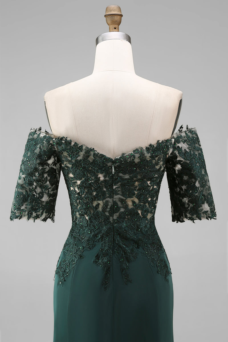 Load image into Gallery viewer, Dark Green Sheath Chiffon Off the Shoulder Long Mother of the Bride Dress with Lace