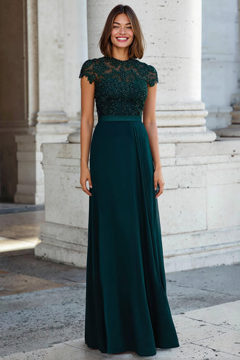 Peacock Green Chiffon A-Line Round Neck Long Mother of the Bride Dress with Beading