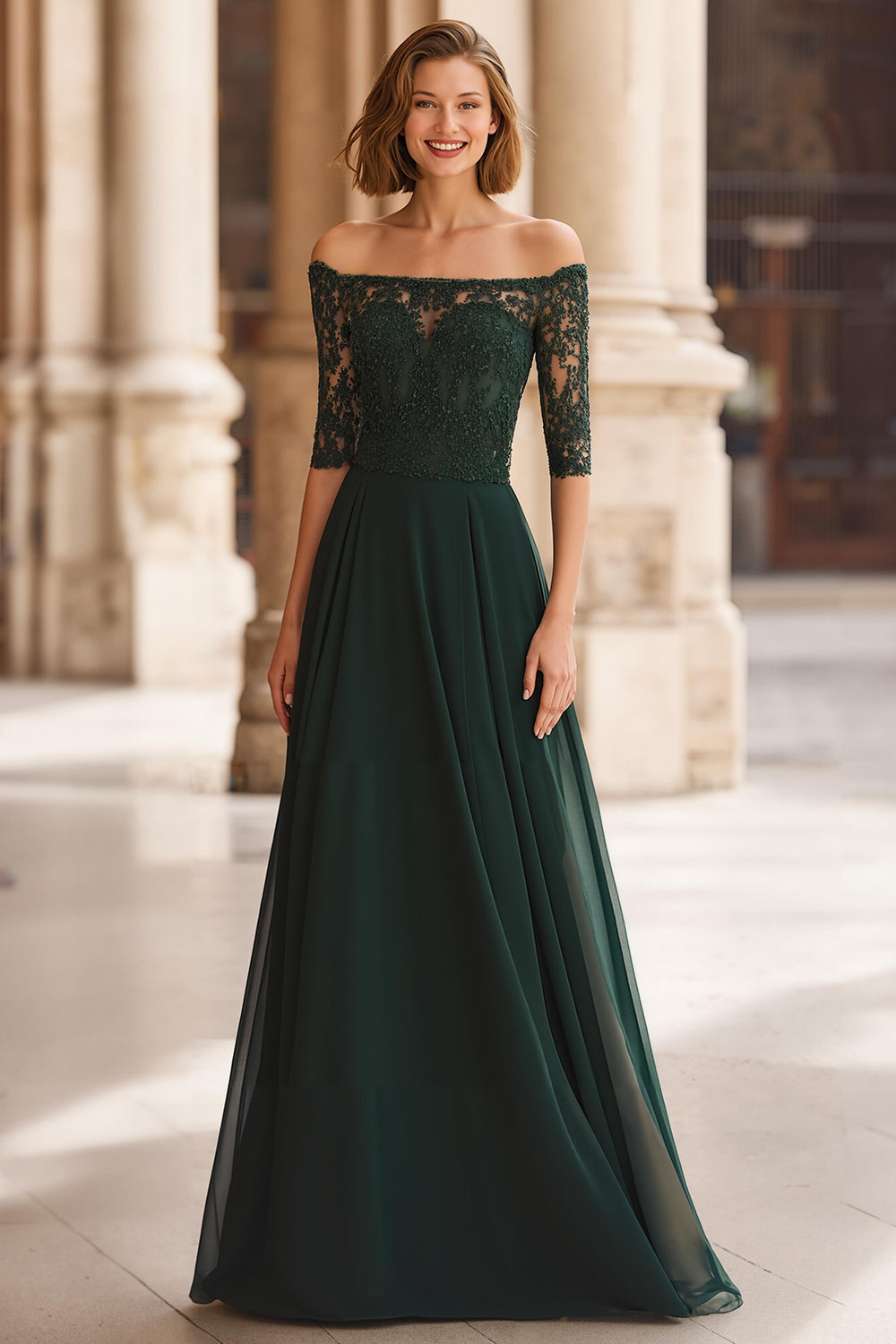 Pine Green Chiffon Off the Shoulder A-Line Lace Sleeves Mother of the Bride Dress