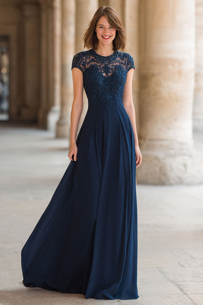 Navy Round Neck A-Line Chiffon Long Mother of the Bride Dress with Lace