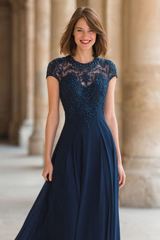 Navy Round Neck A-Line Chiffon Long Mother of the Bride Dress with Lace
