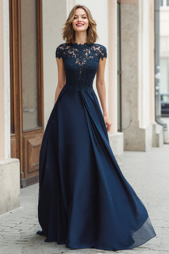 Navy A-Line Chiffon Round Neck Long Mother of the Bride Dress with Lace