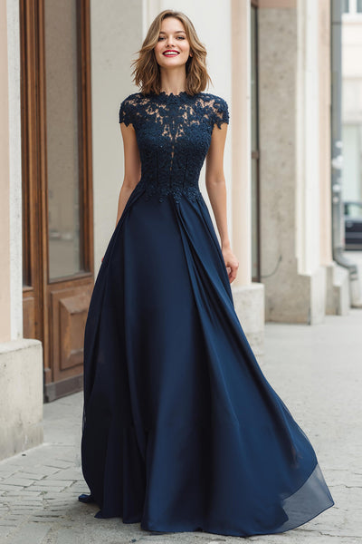 Navy A-Line Chiffon Round Neck Long Mother of the Bride Dress with Lace