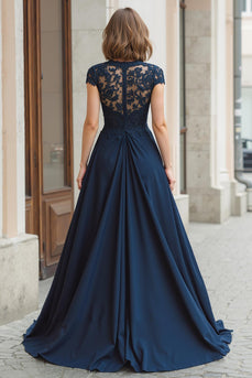 Navy A-Line Chiffon Round Neck Long Mother of the Bride Dress with Lace