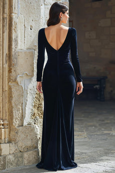 Navy V-Neck Velvet Mermaid Long Sleeves Mother of the Bride Dress with Slit