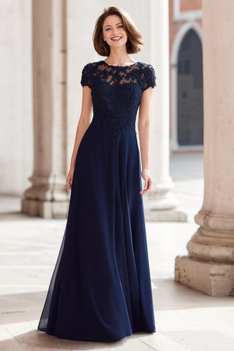 Navy Chiffon Round Neck A-Line Appliqued Long Mother of the Bride Dress