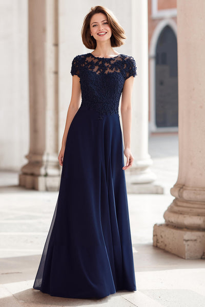 Navy Chiffon Round Neck A-Line Appliqued Long Mother of the Bride Dress