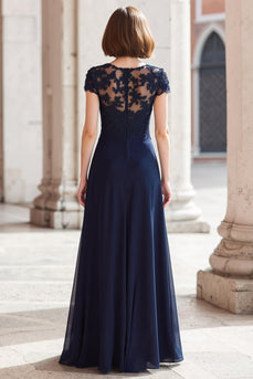 Navy Chiffon Round Neck A-Line Appliqued Long Mother of the Bride Dress