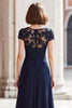 Load image into Gallery viewer, Navy Chiffon Round Neck A-Line Appliqued Long Mother of the Bride Dress