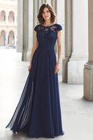 Load image into Gallery viewer, Navy Boat Neck Chiffon A-Line Long Mother of the Bride Dress with Appliques