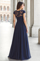 Load image into Gallery viewer, Navy Boat Neck Chiffon A-Line Long Mother of the Bride Dress with Appliques