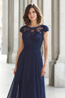 Load image into Gallery viewer, Navy Boat Neck Chiffon A-Line Long Mother of the Bride Dress with Appliques