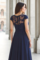 Load image into Gallery viewer, Navy Boat Neck Chiffon A-Line Long Mother of the Bride Dress with Appliques