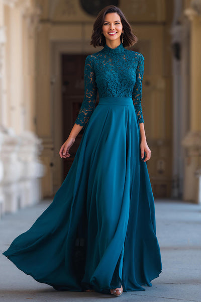 Peacock Blue A-Line Chiffon High Neck Long Sleeves Mother of the Bride Dress