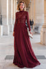 Load image into Gallery viewer, Burgundy Chiffon High Neck A-Line Long Sleeves Mother of the Bride Dress with Lace