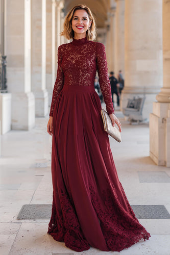 Burgundy Chiffon High Neck A-Line Long Sleeves Mother of the Bride Dress with Lace